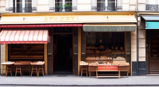 Stable diffusion image of a bakery with a striped awning